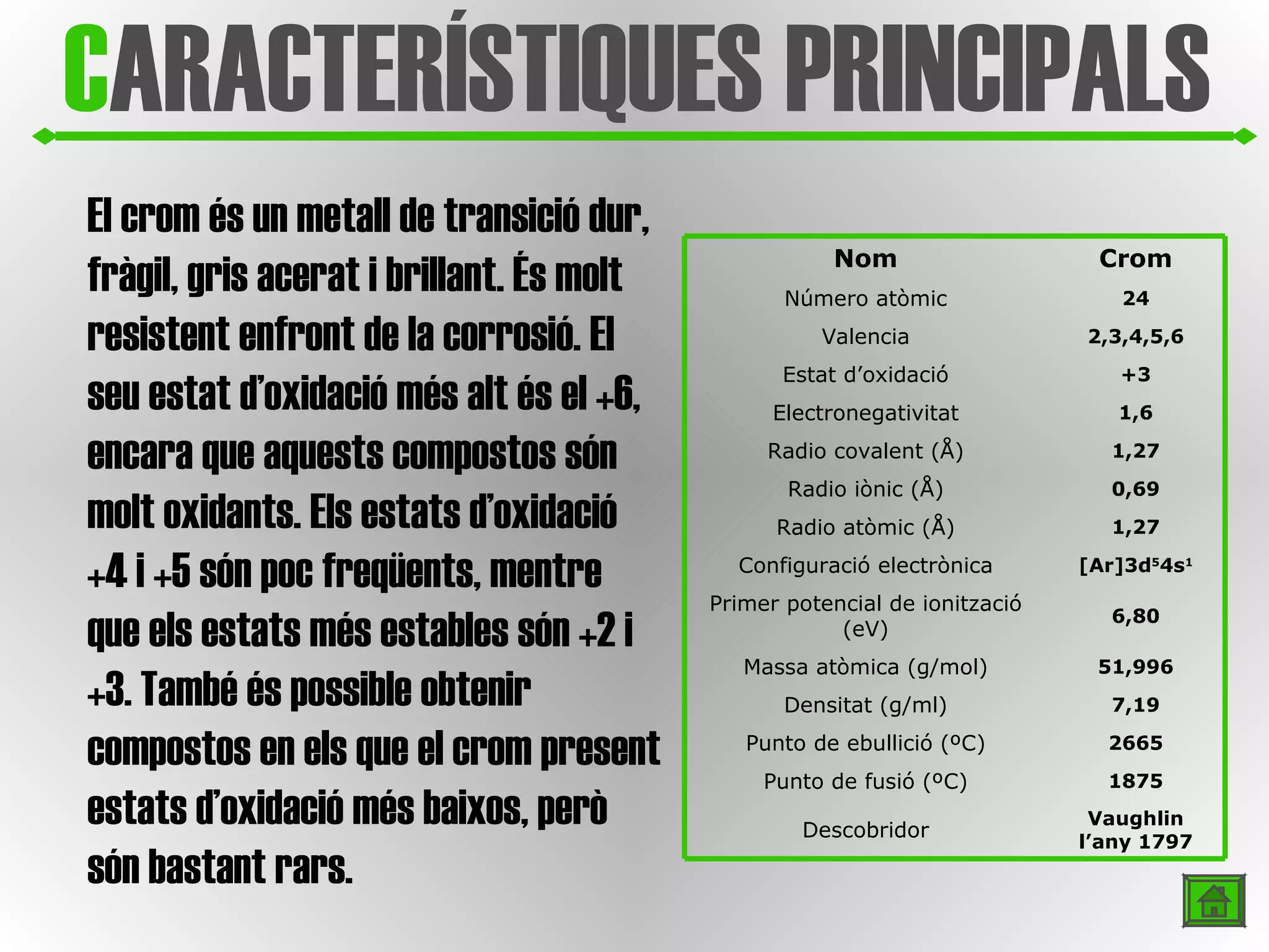 C ARACTERÍSTIQUES PRINCIPALS El crom és un metall de transició dur, fràgil, gris acerat i brillant. És molt resistent enfront de la corrosió. El seu estat d’oxidació més alt és el +6, encara que aquests compostos són molt oxidants. Els estats d’oxidació +4 i +5 són poc freqüents, mentre que els estats més estables són +2 i +3. També és possible obtenir compostos en els que el crom present estats d’oxidació més baixos, però són bastant rars. Vaughlin l’any 1797 Descobridor 1875 Punto de fusió (ºC) 2665 Punto de ebullició (ºC) 7,19 Densitat (g/ml) 51,996 Massa atòmica (g/mol) 6,80 Primer potencial de ionització (eV) [Ar]3d 5 4s 1 Configuració electrònica 1,27 Radio atòmic (Å) 0,69 Radio iònic (Å) 1,27 Radio covalent (Å) 1,6 Electronegativitat +3 Estat d’oxidació 2,3,4,5,6 Valencia 24 Número atòmic Crom Nom 