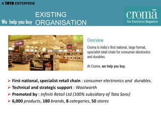 A TATA ENTERPRISE

We help you buy

EXISTING
ORGANISATION

 First national, specialist retail chain : consumer electronics and durables.
 Technical and strategic support : Woolworth
 Promoted by : Infiniti Retail Ltd (100% subsidiary of Tata Sons)
 6,000 products, 180 brands, 8 categories, 50 stores

 