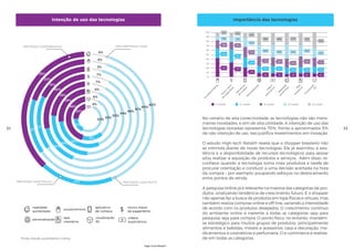 4%
6%
4%
7%
7%
3%
4%
4%
53%
33%
50%
44%
49%
61%
60%
40%
21%
15%
18%
24%
15%
17%
17%
14%
22%
46%
28%
26%
30%
19%
22%
39%
PRETENDO EXPERIMENTAR
PRETENDO USAR POUCO PRETENDO USAR MUITO
NÃO PRETENDO USAR
Fonte: estudo quantitativo Croma.
realidade
aumentada
autoatendimento
aplicativo
de compra
novos meios
de pagamento
personalização vídeos
explicativos
tela
interativa
visualização
3D
Intenção de uso das tecnologias
No cenário de alta conectividade, as tecnologias não são mera-
mente novidades, e sim de alta utilidade. A intenção de uso das
tecnologias testadas representa 70%, frente a aproximados 5%
de não intenção de uso. Isso justifica investimentos em inovação.
O estudo High-tech Retail® revela que o shopper brasileiro não
se intimida diante de novas tecnologias. Ele já assimilou a exis-
tência e a disponibilidade de recursos tecnológicos para apoiar
e/ou realizar a aquisição de produtos e serviços. Além disso, re-
conhece quando a tecnologia torna mais produtiva a tarefa de
procurar orientação e conduzir a uma decisão acertada na hora
da compra – por exemplo, poupando esforços no deslocamento
entre pontos de venda.
A pesquisa online já é relevante na maioria das categorias de pro-
dutos, sinalizando tendência de crescimento futuro. E o shopper
não apenas faz a busca de produtos em lojas físicas e virtuais, mas
também realiza compras online e off-line, variando a intensidade
de acordo com os produtos desejados. O crescimento contínuo
do ambiente online é inerente a todas as categorias, seja para
pesquisa, seja para compra. O ponto físico, no entanto, mantém-
se estratégico para muitos grupos de produtos, principalmente
alimentos e bebidas, móveis e acessórios, casa e decoração, me-
dicamentos e cosméticos e perfumaria. O e-commerce é realida-
de em todas as categorias.
Importância das tecnologias
1º LUGAR 2º LUGAR 3º LUGAR 4º LUGAR 5º LUGAR
27% 31%
35%
28%
10%
14%
28%
0
10
20
30
40
50
60
70
80
90
A
utoatendim
ento
N
ovos
m
eios
de
pagam
ento
A
plicativos
de
com
praPersonalização
V
ídeos
explicativos
R
ealidade
aum
entada
Telas
interativas
V
isualização3D
100
43%
32%
21%
9% 7% 6% 8%
21%
30%
23%
16% 24%
15% 13%
8%
14%
18% 16%
23%
21% 19%
20%
24% 21%
10% 11%
20%
26%
29% 32%
25%
22%
9%
32 33
High-Tech Retail®
 