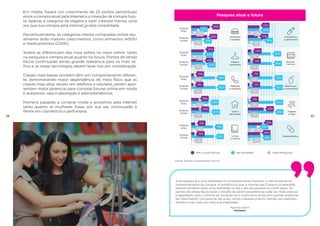 EM LOJAS FÍSICAS NA INTERNET NÃO PESQUISO
59%
38%
PESQUISA
FUTURA
3%
PESQUISA
ATUAL
69%
22%
9%
43%
52%
PESQUISA
FUTURA
5%
PESQUISA
ATUAL
47%
44%
9%
90%
PESQUISA
FUTURA
2%
PESQUISA
ATUAL
88%
2%
10%
8%
67%
PESQUISA
FUTURA
4%
PESQUISA
ATUAL
64%
8%
84%
PESQUISA
FUTURA
4%
PESQUISA
ATUAL
79%
7%
6%
43%
43%
14%
88%
1%
85%
1%
14%
11%
92%
2%
91%
1%
7%
7%
95%
2%
94%
2%
3%
59%
3%
53%
33%
9%
46%
48%
28%
29%
15%
12%
37%
57%
Alimentos
e bebidas
Moda e
acessórios
Telefonia
e celulares
Casa e
decoração
Viagens
e lazer
Livros
e música
Cosméticos
e perfumaria
Eletrodo-
mésticos
Eletrônicos
e informática
Medicamentos
Pesquisa atual e futura
Fonte: estudo quantitativo Croma.
A tecnologia já é uma realidade no comportamento humano, e não somente no
comportamento de compra. A tendência é que a Internet das Coisas e os wearable
devices também serão uma realidade no dia a dia das pessoas no curto prazo. Os
pontos de venda físicos terão o desafio de serem experiências cada vez mais práticas
e agradáveis, pois o volume de compras via e-commerce ainda tem grande potencial
de crescimento. Compras do dia a dia, como o abastecimento mensal, por exemplo,
tendem a ser cada vez mais automatizadas.
Natacha Volpini
Heineken
3534
Em média, haverá um crescimento de 20 pontos percentuais
entre a compra atual pela internet e a intenção de compra futu-
ra. Apenas a categoria de viagens e lazer crescerá menos, uma
vez que sua compra pela internet já está consolidada.
Percentualmente, as categorias menos compradas online atu-
almente terão maiores crescimentos, como alimentos (400%)
e medicamentos (256%).
Jovens se diferenciam dos mais velhos no meio online, tanto
na pesquisa e compra atual quanto na futura. Pontos de venda
físicos continuarão tendo grande relevância para os mais ve-
lhos e as novas tecnologias devem levar isso em consideração.
Classes mais baixas também têm um comportamento diferen-
te, demonstrando maior dependência do meio físico que as
classes mais altas, exceto em telefonia e celulares, porém apre-
sentam maior potencial para compras futuras online em moda
e acessórios, casa e decoração e eletrodomésticos.
Homens passarão a comprar moda e acessórios pela internet
tanto quanto as mulheres. Essas, por sua vez, continuarão à
frente em cosméticos e perfumaria.
 