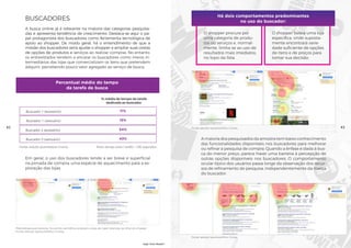 A busca online já é relevante na maioria das categorias pesquisa-
das e apresenta tendência de crescimento. Destaca-se aqui o pa-
pel protagonista dos buscadores como ferramenta tecnológica de
apoio ao shopper. De modo geral, há o entendimento de que a
missão dos buscadores seria ajudar o shopper a ampliar suas cestas
de opções de produtos e serviços ao realizar compras. No entanto,
os entrevistados tendem a encarar os buscadores como meros in-
termediários das lojas que comercializam os itens que pretendem
adquirir, percebendo pouco valor agregado ao serviço de busca.
11%Buscador 1 (acessório)
15%Buscador 1 (vestuário)
54%Buscador 2 (acessório)
43%Buscador 2 (vestuário)
% média de tempo da tarefa
dedicada ao buscador
Fonte: estudo quantitativo Croma. Nota: tempo total / tarefa = 180 segundos.
Percentual médio do tempo
da tarefa de busca
Metodologia eye-tracking. Os pontos vermelhos sinalizam a área de maior retenção do olhar do shopper.
Fonte: estudo neurocientífico Croma.
Em geral, o uso dos buscadores tende a ser breve e superficial
na jornada de compra, uma espécie de aquecimento para a ex-
ploração das lojas.
BUSCADORES
42
O shopper procura por
uma categoria de produ-
tos ou serviços e, normal-
mente, limita-se ao uso de
resultados mais imediatos,
no topo da lista.
O shopper busca uma loja
específica, onde suposta-
mente encontrará varie-
dade suficiente de opções
de itens e de preços para
tomar sua decisão.
Há dois comportamentos predominantes
no uso do buscador:
Fonte: estudo neurocientífico Croma.
A maioria dos pesquisados da amostra tem baixo conhecimento
das funcionalidades disponíveis nos buscadores para melhorar
ou refinar a pesquisa de compra. Quando a ênfase é dada à bus-
ca do menor preço, parece haver uma barreira à percepção de
outras opções disponíveis nos buscadores. O comportamento
ocular típico dos usuários passa longe da observação dos recur-
sos de refinamento de pesquisa, independentemente da marca
do buscador.
Fonte: estudo neurocientífico Croma.
43
High-Tech Retail®
 