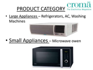 PRODUCT CATEGORY
• Large Appliances – Refrigerators, AC, Washing
  Machines



• Small Appliances – Microwave owen
 