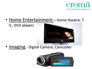 • Home Entertainment – Home theatre, T.
 V., DVD players




• Imaging - Digital Camera, Camcoder
 