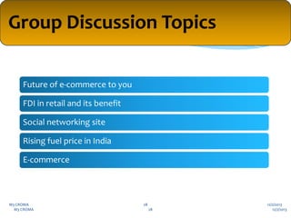 Group Discussion Topics
Future of e-commerce to you

FDI in retail and its benefit
Social networking site
Rising fuel price in India
E-commerce

M3 CROMA
M3 CROMA

28
28

12/2/2013
12/2/2013

 