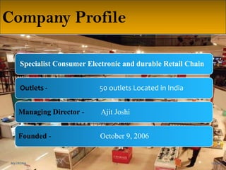 Company Profile
Specialist Consumer Electronic and durable Retail Chain
Specialist Consumer Electronic and durable Retail Chain

Outlets Outlets -

50 outlets Located in India
50 outlets Located in India

Managing Director - Managing Director

Ajit Joshi
Ajit Joshi

Founded - Founded

October 9, 2006
October 9, 2006

M3 CROMA
M3 CROMA

3
3

12/2/2013
12/2/2013

 