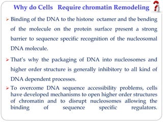 Why do Cells Require chromatin Remodeling
 Binding of the DNA to the histone octamer and the bending
of the molecule on the protein surface present a strong
barrier to sequence specific recognition of the nucleosomal
DNA molecule.
 That’s why the packaging of DNA into nucleosomes and
higher order structure is generally inhibitory to all kind of
DNA dependent processes.
 To overcome DNA sequence accessibility problems, cells
have developed mechanisms to open higher order structures
of chromatin and to disrupt nucleosomes allowing the
binding of sequence specific regulators.
 