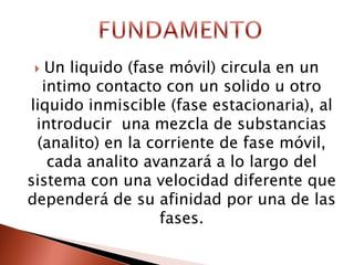  Un liquido (fase móvil) circula en un
intimo contacto con un solido u otro
liquido inmiscible (fase estacionaria), al
introducir una mezcla de substancias
(analito) en la corriente de fase móvil,
cada analito avanzará a lo largo del
sistema con una velocidad diferente que
dependerá de su afinidad por una de las
fases.
 