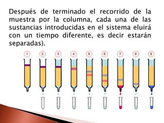 Después de terminado el recorrido de la
muestra por la columna, cada una de las
sustancias introducidas en el sistema eluirá
con un tiempo diferente, es decir estarán
separadas).
 
