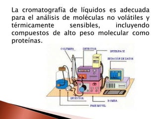 La cromatografía de líquidos es adecuada
para el análisis de moléculas no volátiles y
térmicamente sensibles, incluyendo
compuestos de alto peso molecular como
proteínas.
 