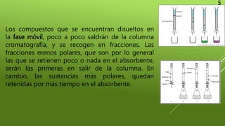 Los compuestos que se encuentran disueltos en
la fase móvil, poco a poco saldrán de la columna
cromatografía, y se recogen en fracciones. Las
fracciones menos polares, que son por lo general
las que se retienen poco o nada en el absorbente,
serán las primeras en salir de la columna. En
cambio, las sustancias más polares, quedan
retenidas por más tiempo en el absorbente.
5
 