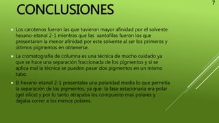  Los carotenos fueron las que tuvieron mayor afinidad por el solvente
hexano-etanol 2-1 mientras que las xantofilas fueron los que
presentaron la menor afinidad por este solvente al ser los primeros y
últimos pigmentos en obtenerse.
 La cromatografía de columna es una técnica de mucho cuidado ya
que se hace una separación fraccionada de los pigmentos y si se
aplica mal la técnica se pueden pasar dos pigmentos en un mismo
tubo.
 El hexano-etanol 2-1 presentaba una polaridad media lo que permitía
la separación de los pigmentos, ya que la fase estacionaria era polar
(gel sílice) y por lo tanto atrapaba los compuesto mas polares y
dejaba correr a los menos polares.
7
CONCLUSIONES
 