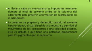 Al llevar a cabo un cronograma es importante mantener
siempre el nivel de solvente arriba de la columna del
adsorbente para prevenir la formación de cuarteaduras en
el adsorbente.
La columna se preparo y desarrollo usando el solvente
hexano-etanol, el cual disuelvio a la muestra y permitió el
movimiento de los compuestos a una velocidad práctica,
esto es debido a que tiene una polaridad proporcional
para los pigmentos que se separaron.
8
 