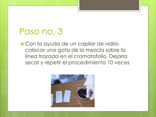 Paso no. 3
 Con la ayuda de un capilar de vidrio
colocar una gota de la mezcla sobre la
línea trazada en el cromatofolio. Dejarla
secar y repetir el procedimiento 10 veces
 
