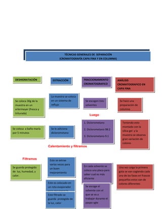 TÉCNICAS GENERALES DE SEPARACIÓN
                                  (CROMATOGRAFÍA CAPA FINA Y EN COLUMNA)




  DESHIDRATACIÓN            EXTRACCIÓN            FRACCIONAMIENTO          ANÁLISIS
                                                  CROMATOGRAFICO           CROMATOGRAFICO EN
                                                                           CAPA FINA

                           La muestra se coloca
  Se coloca 30g de la      en un sistema de        Se escogen tres          Se hace una
  muestra en un            reflujo                 solventes                preparación de
  erlermeyer (fresca y                                                      columna
  triturada)
                                                      Luego

                                                  1. Diclorometano            Teniendo esto
                                                                              montado con la
Se coloca a baño maría     Se le adiciona         2. Diclorometano 98:2       silica gel y la
por 5 minutos              diclorometano
                                                  3. Diclorometano 9.1        muestra se observa
                                                                              gran variación de
                                                                              colores
                         Calentamiento y filtramos


        Filtramos         Este se extrae
                          varias veces para
Se guarda protegido                               En cada solvente se      Una vez caiga la primera
                          un buen
de luz, humedad, y                                coloca una placa para    gota se van cogiendo cada
                          mejoramiento
calor.                                            saber cual es más        una de las fases en frascos
                                                  eficiente                pequeños estos van de
                         Este es colocado en                               colores diferentes
                         un rota evaporador        Se escoge el
                         para recuperar la         solvente con el
                         Este filtrado se
                         fase orgánica             que se va a
                         guarda protegido de       trabajar durante el
                         la luz, calor             paspo sgte
 