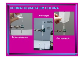 CROMATOGRAFIA EM COLUNA
Pré-eluição
Empacotamento
Carregamento
 