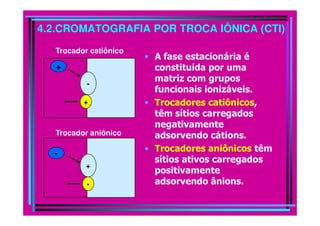 4.2.CROMATOGRAFIA POR TROCA IÔNICA (CTI)
  Trocador catiônico
                       • A fase estacionária é
  +                      constituída por uma
                         matriz com grupos
          -
                         funcionais ionizáveis.
         +             • Trocadores catiônicos,
                         têm sítios carregados
                         negativamente
  Trocador aniônico      adsorvendo cátions.
                       • Trocadores aniônicos têm
  -
                         sítios ativos carregados
          +
                         positivamente
          -              adsorvendo ânions.
 