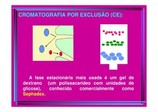 CROMATOGRAFIA POR EXCLUSÃO (CE):




    A fase estacionária mais usada é um gel de
 dextrano (um polissacarídeo com unidades de
 glicose),  conhecido    comercialmente  como
 Sephadex.
 