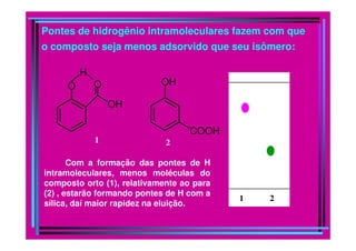 Pontes de hidrogênio intramoleculares fazem com que
o composto seja menos adsorvido que seu isômero:

         H
     O       O              OH

                 OH

                                   COOH
             1               2

       Com a formação das pontes de H
intramoleculares, menos moléculas do
composto orto (1), relativamente ao para
(2) , estarão formando pontes de H com a
                                           1   2
sílica, daí maior rapidez na eluição.
 