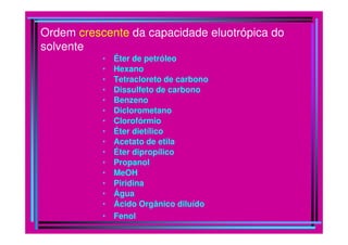 Ordem crescente da capacidade eluotrópica do
solvente
           •   Éter de petróleo
           •   Hexano
           •   Tetracloreto de carbono
           •   Dissulfeto de carbono
           •   Benzeno
           •   Diclorometano
           •   Clorofórmio
           •   Éter dietílico
           •   Acetato de etila
           •   Éter dipropílico
           •   Propanol
           •   MeOH
           •   Piridina
           •   Água
           •   Ácido Orgânico diluído
           •   Fenol
 