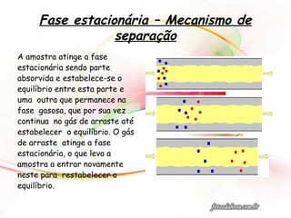 Fase estacionária – Mecanismo de
separação
A amostra atinge a fase
estacionária sendo parte
absorvida e estabelece-se o
equilíbrio entre esta parte e
uma outra que permanece na
fase gasosa, que por sua vez
continua no gás de arraste até
estabelecer o equilíbrio. O gás
de arraste atinge a fase
estacionária, o que leva a
amostra a entrar novamente
neste para restabelecer o
equilíbrio.
 