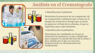 Identificación Cualitativa.
Determina la presencia de un compuesto, de
un componente cualquiera que se basa en el
tiempo de retención o tiempo que se tarda
en aparecer al final de la columna, el que es
especifico para cada elemento.
Identificación Cuantitativa.
Determinar las cantidades en el que se
encuentra la sustancia, es mas complicado
pues requiere el calculo del área de la señal, o
pico, dejada por el gas, la cual será
proporcional a la concentración del
componente.
 