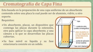 Requisitos:
Un absorbente, placas, un dispositivo que
contenga las placas durante la extensión,
otro para aplicar la capa absorbente, y una
cámara a la que se desarrollan las placas
cubiertas.
Su fase móvil es liquida y su fase
estacionaria consiste en un solido.
Esta basada en la preparación de una capa uniforme de un absorbente
contenido sobre una placa la cual puede ser de aluminio, vidrio, u otro
soporte.
 