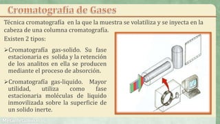 Existen 2 tipos:
Cromatografía gas-solido. Su fase
estacionaria es solida y la retención
de los analitos en ella se producen
mediante el proceso de absorción.
Cromatografía gas-liquido. Mayor
utilidad, utiliza como fase
estacionaria moléculas de liquido
inmovilizada sobre la superficie de
un solido inerte.
Técnica cromatografía en la que la muestra se volatiliza y se inyecta en la
cabeza de una columna cromatografía.
 