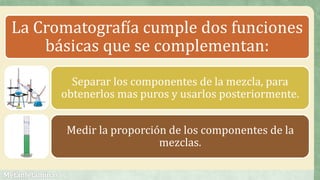 La Cromatografía cumple dos funciones
básicas que se complementan:
Separar los componentes de la mezcla, para
obtenerlos mas puros y usarlos posteriormente.
Medir la proporción de los componentes de la
mezclas.
 