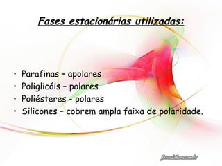 Fases estacionárias utilizadas:
• Parafinas – apolares
• Poliglicóis – polares
• Poliésteres - polares
• Silicones – cobrem ampla faixa de polaridade.
 