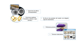 • Columnas de relleno.
(Empaquetada.)
• Columnas capilares.
(Tubulares, abierta o capa
porosa.)
• Se fija en las paredes del capilar una delgada
capa de adsorbente.
• Tamices moleculares.
• Polímeros porosos
 