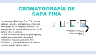 CROMATOGRAFÍA DE
CAPA FINA
La cromatografía de capa fina (TLC, por sus
siglas en inglés) es una técnica de separación
en la que se utiliza una placa recubierta con
una capa fina de un material adsorbente, por lo
general sílice o alúmina.
La TLC es una técnica muy útil para separar y
analizar componentes de muestras de
compuestos orgánicos, así como para
determinar la pureza de los mismos. Además,
es relativamente fácil de realizar
 
