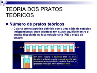 TEORIA DOS PRATOS TEÓRICOS Número de pratos teóricos Coluna cromatográfica definida como uma série de estágios independentes onde acontece um quase-equilíbrio entre o analito dissolvido na fase estacionária (FE) e o gás de arraste 