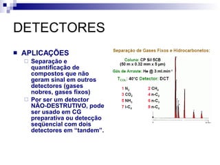 DETECTORES APLICAÇÕES Separação e quantificação de compostos que não geram sinal em outros detectores (gases nobres, gases fixos) Por ser um detector NÃO-DESTRUTIVO, pode ser usado em CG preparativa ou detecção seqüencial com dois detectores em “tandem”. 