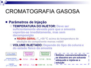 CROMATOGRAFIA GASOSA Parâmetros de Injeção TEMPERATURA DO INJETOR:  Deve ser suficientemente elevada para que a amostra vaporize-se imediatamente, mas sem decomposição REGRA GERAL :  T inj =50 ºC acima da temperatura de ebulição do componente menos volátil VOLUME INJETADO:  Depende do tipo de coluna e do estado físico da amostra Sólidos: convencionalmente se dissolve em um solvente adequado e injeta-se a solução 