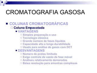 CROMATOGRAFIA GASOSA COLUNAS CROMATOGRÁFICAS Coluna Empacotada VANTAGENS Simples preparação e uso Tecnologia clássica Grande número de fases líquidas Capacidade alta e longa durabilidade Usada para análise de gases com DCT DESVANTAGENS Número de pratos limitado Exige controle da vazão da fase móvel Análises relativamente demoradas Baixa resolução para amostras complexas 