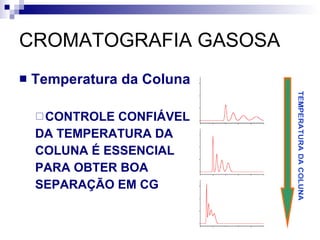 CROMATOGRAFIA GASOSA Temperatura da Coluna CONTROLE CONFIÁVEL  DA TEMPERATURA DA  COLUNA É ESSENCIAL PARA OBTER BOA  SEPARAÇÃO EM CG 