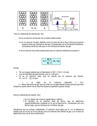 Para el coeficiente de distribución, Kd:
· Ve es el volumen de elución de un soluto determinado.
· V0 es el volumen muerto, definido como el volumen de la fase móvil que ocupa el
espacio entre los intersticios del gel. Corresponde con el Ve del Azul Dextrano,
compuesto de Mr tan alta que no se introduce al interior del gel.
· Vi es el volumen de la fase estacionaria que se calcula mediante la ecuación 1:
Donde:
 Wr es el agua retenida por el Sephadex G-100 = 10,0 ± 1,0 ml/g
 d es la densidad del gel húmedo, que es 1,04 g/ml,
 Vt es el volumen total, que se calcula por el volumen del cilindro:
Vt = p r2
h, (2), en que:
r = el radio de la columna (diámetro 1 cm),
h = altura del lecho de gel, que se mide con la regla desde la placa porosa que está
situada en parte inferior de la columna hasta la superficie superior de gel.
Para el coeficiente de reparto, Kav:
 Ve y V0 tienen los mismos significados y valores.
 Vt también es el volumen total de lecho, que se determina
experimentalmente mediante el Ve de la vitamina B12, compuesto con una
Mr tan baja, que se introduce en el interior del gel.
Obsérvese que en ambos coeficientes, Vi siempre viene dado por Vt –V0, la diferencia
estriba que en la Kd, la Vt se calcula como el volumen del cilindro de gel, y en la Kav se
determina como el Ve de la vitamina B12.
V0 Vt - V0 Vt
Vo Vt
Vt - Vo
Vi
Mr alta
(Azul Dextrano)
Mr baja
(Vit. B12)
Ve
Mr intermedia
Concentración
Volumen
Vi =
Wr d
Wr + 1
(Vt - V0)
 