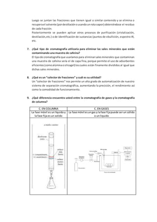 Luego se juntan las fracciones que tienen igual o similar contenido y se elimina o
recuperael solvente (pordestilaciónousandounrota vapor) obteniéndose el residuo
de cada fracción.
Posteriormente se pueden aplicar otros procesos de purificación (cristalización,
destilación,etc.) o de identificación de sustancias (puntos de ebullición, espectro IR,
etc.
7. ¿Qué tipo de cromatografía utilizaría para eliminar las sales minerales que están
contaminando una muestra de cafeína?
El tipode cromatografía que usaríamospara eliminarsalesminerales que contaminan
una muestra de cafeína sería el de capa fina, porque permite el uso de adsorbentes
eficientes(comoalúminaosilicagel) loscuales están finamente divididos al igual que
dichas sales minerales.
8. ¿Qué es un “colector de fracciones” y cuál es su utilidad?
Un “colector de fracciones” nos permite un alto grado de automatización de nuestro
sistema de separación cromatográfica, aumentando la precisión, el rendimiento así
como la comodidad de funcionamiento.
9. ¿Qué diferencia encuentra usted entre la cromatografía de gases y la cromatografía
de columna?
C. EN COLUMNA C. EN GASES
La fase móvil es un líquido y
la fase fija es un solido
La fase móvil esungas y lafase fijapuede ser un sólido
o un liquido
 