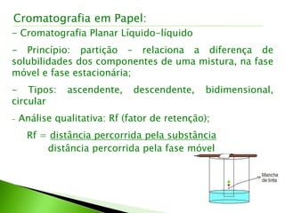 - Cromatografia Planar Líquido-líquido
- Princípio: partição – relaciona a diferença de
solubilidades dos componentes de uma mistura, na fase
móvel e fase estacionária;
- Tipos: ascendente, descendente, bidimensional,
circular
- Análise qualitativa: Rf (fator de retenção);
Rf = distância percorrida pela substância
distância percorrida pela fase móvel
Cromatografia em Papel:
 