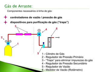 Componentes necessários à linha de gás:
controladores de vazão / pressão de gás
dispositivos para purificação de gás (“traps”)
1
2
3
4
5
6
1 - Cilindro de Gás
2 - Regulador de Pressão Primário
3 - “Traps” para eliminar impurezas do gás
4 - Regulador de Pressão Secundário
5 - Regulador de Vazão
6 - Medidor de Vazão (Rotâmetro)
Gás de Arraste:
 