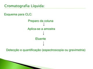 Esquema para CLC:
Preparo da coluna
Aplica-se a amostra
Eluente
Detecção e quantificação (espectroscopia ou gravimetria)
Cromatografia Líquida:
 