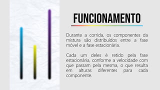Funcionamento
Durante a corrida, os componentes da
mistura são distribuídos entre a fase
móvel e a fase estacionária.
Cada um deles é retido pela fase
estacionária, conforme a velocidade com
que passam pela mesma, o que resulta
em alturas diferentes para cada
componente.
 