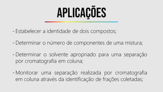 Aplicações
- Estabelecer a identidade de dois compostos;
- Determinar o número de componentes de uma mistura;
- Determinar o solvente apropriado para uma separação
por cromatografia em coluna;
- Monitorar uma separação realizada por cromatografia
em coluna através da identificação de frações coletadas;
 