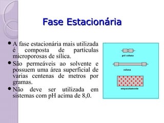 Fase EstacionáriaFase Estacionária
A fase estacionária mais utilizada
é composta de partículas
microporosas de sílica.
São permeáveis ao solvente e
possuem uma área superficial de
varias centenas de metros por
gramas.
Não deve ser utilizada em
sistemas com pH acima de 8,0.
 