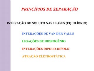 PRINCÍPIOS DE SEPARAÇÃO
INTERAÇÃO DO SOLUTO NAS 2 FASES (EQUILÍBRIO)
INTERAÇÕES DE VAN DER VALLS
LIGAÇÕES DE HIDROGÊNIO
INTERAÇÕES DIPOLO-DIPOLO
ATRAÇÃO ELETROSTÁTICA
 