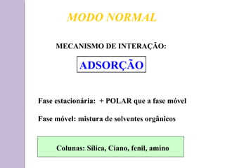 MODO NORMAL
MECANISMO DE INTERAÇÃO:
ADSORÇÃO
Fase estacionária: + POLAR que a fase móvel
Fase móvel: mistura de solventes orgânicos
Colunas: Sílica, Ciano, fenil, amino
 