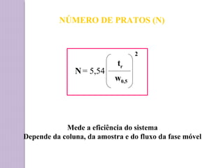 NÚMERO DE PRATOS (N)
Mede a eficiência do sistema
Depende da coluna, da amostra e do fluxo da fase móvel
tr
N= 5,54
w0,5
2
 
