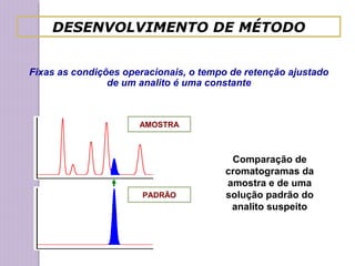 DESENVOLVIMENTO DE MÉTODO
Fixas as condições operacionais, o tempo de retenção ajustado
de um analito é uma constante
AMOSTRA
PADRÃO
Comparação de
cromatogramas da
amostra e de uma
solução padrão do
analito suspeito
 