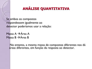 ANÁLISE QUANTITATIVAANÁLISE QUANTITATIVA
Se ambos os compostos
respondessem igualmente ao
detector poderíamos usar a relação:
Massa A Área A
Massa B Área B
No entanto, a mesma massa de compostos diferentes nos dá
áreas diferentes, em função da resposta ao detector.
 