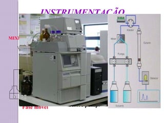 INSTRUMENTAÇÃO
pump
injector
column
oven
detector
One pump used to
control 4 reservoirs;
mixing is done
before pump.
MIXER
data
processor
Fase móvel
 